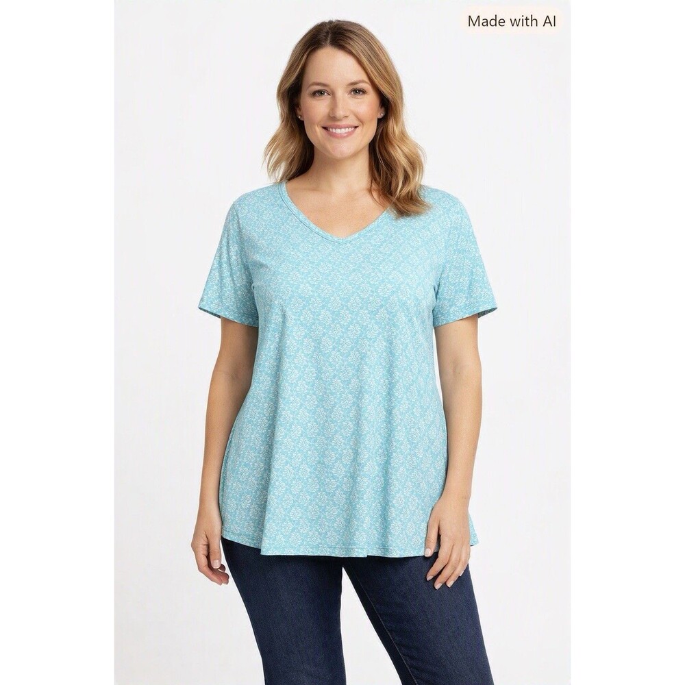 Fresh Produce 2X Aqua Floral T-shirt Slub Cotton USA Made Coastal Resort Beachy